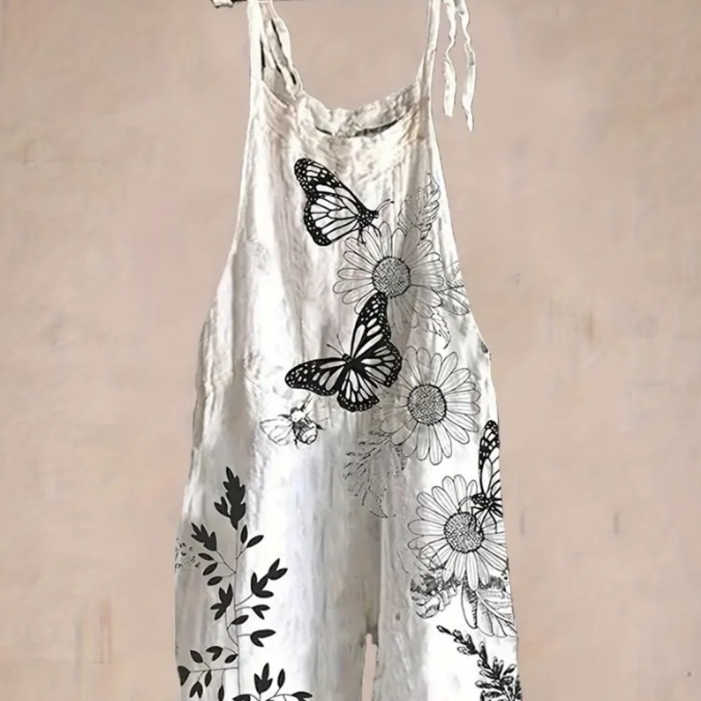 Floral & Butterfly Print Tied Strap Overall Jumpsuit